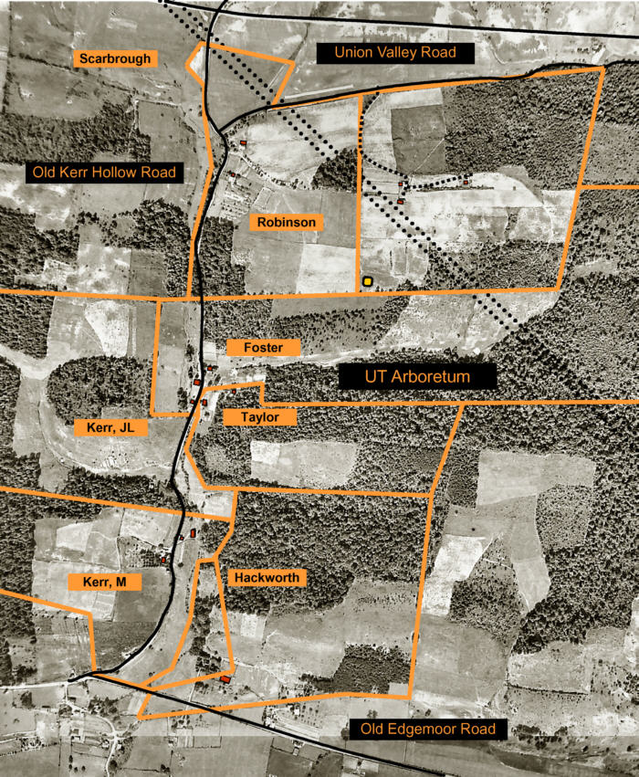 Aerial image with property lines drawn to show where roads and each property was on the map